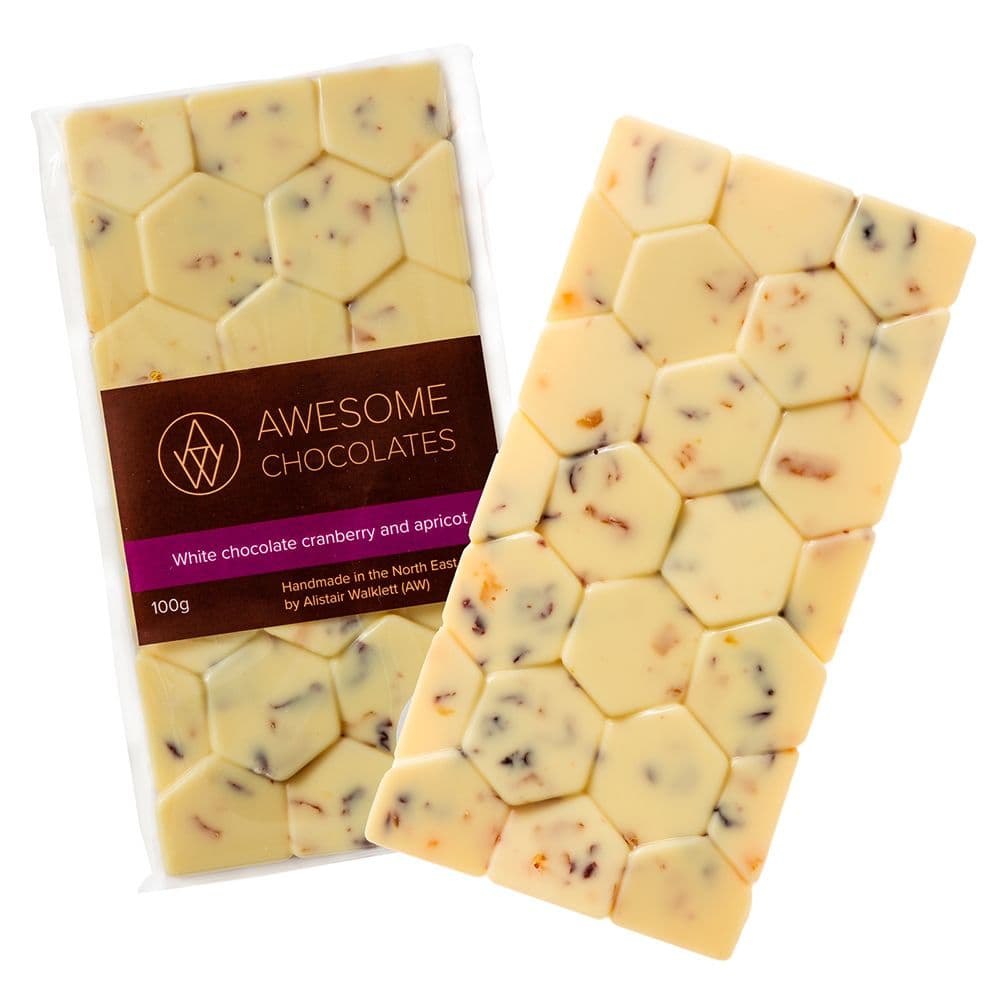 White chocolate, cranberry and apricot 28%: Awesome Chocolate (100g)